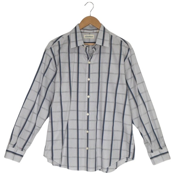 Caribbean Mens Size L Plaid Button Up Long Sleeve Collared Shirt Morrocan Blue - Picture 1 of 14